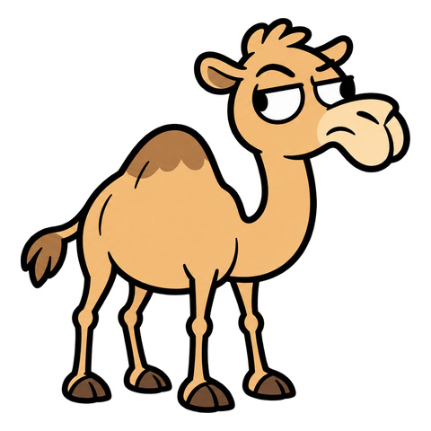An unimpressed sandy-colored one-humped camel with four thin legs