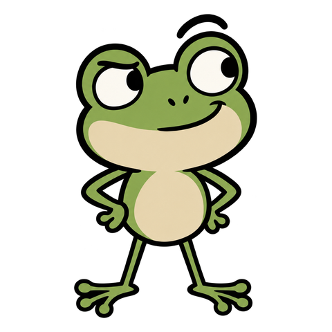A green frog with raised eyebrows and thin cartoon limbs