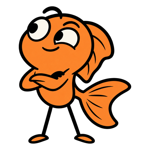 A confident orange goldfish with crossed arms and thin cartoon legs