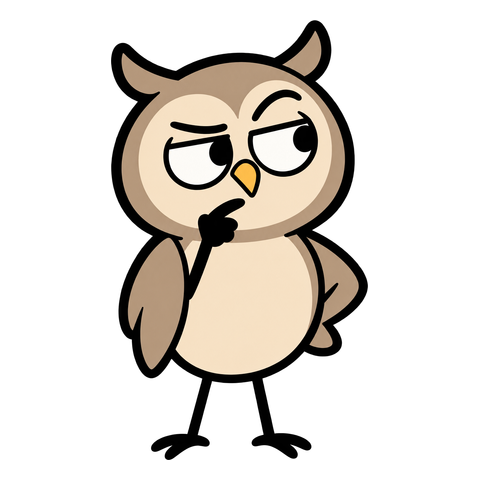 A skeptical taupe owl with a wing beneath its beak and thin cartoon legs