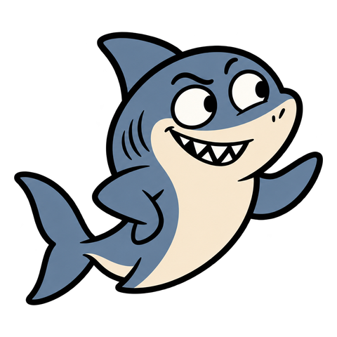 A smiling blue-gray cartoon shark gesturing with a fin