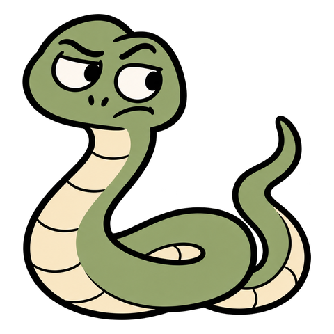 A skeptical green snake with a single curled body and no limbs